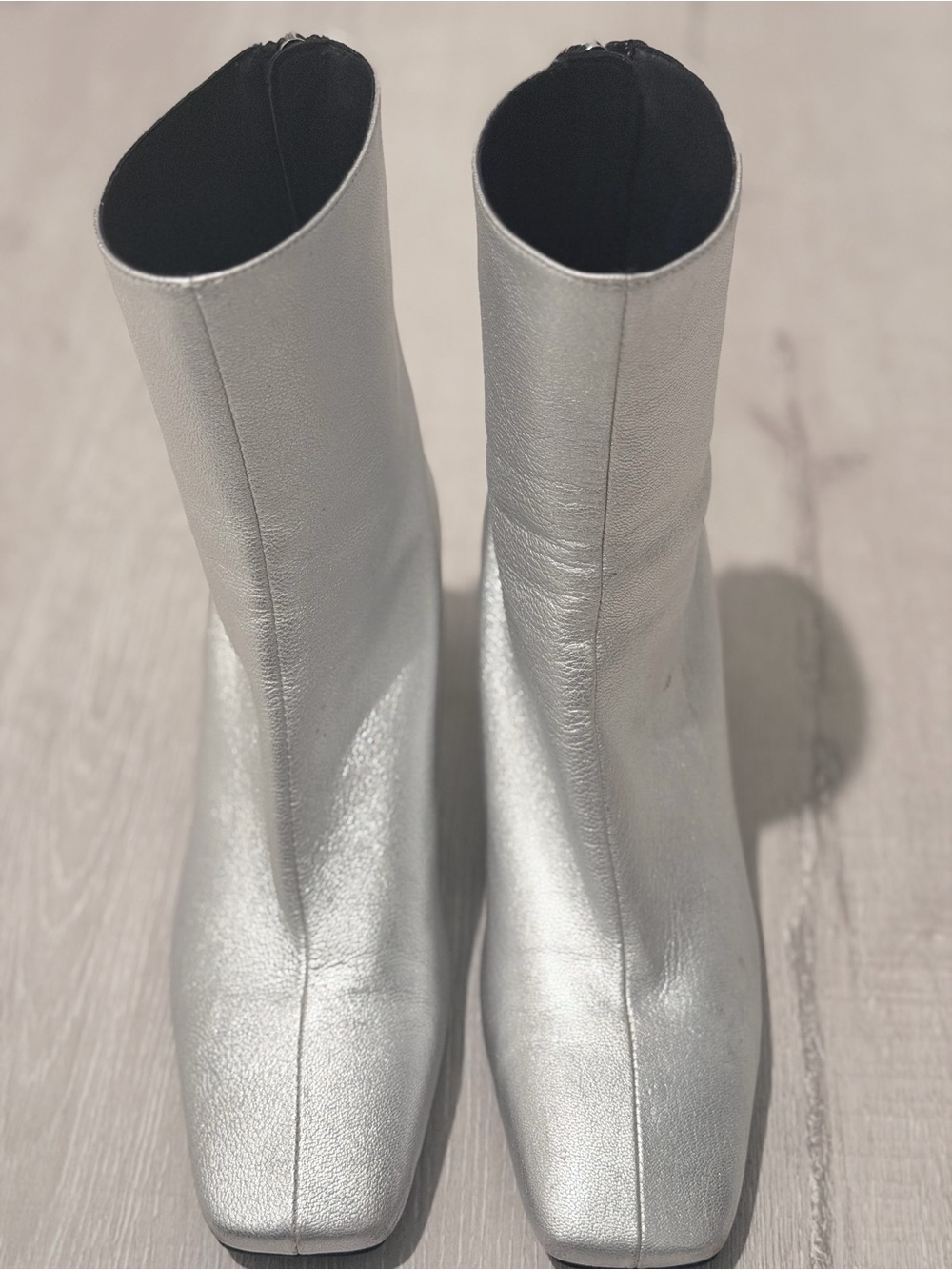 INTENTIONALLY BLANK Metallic Silver Square-Toe Ankle Boots